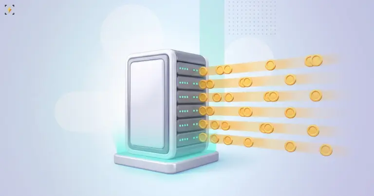 A white server rack on a plinth firing parallel lanes of gold coins across the frame