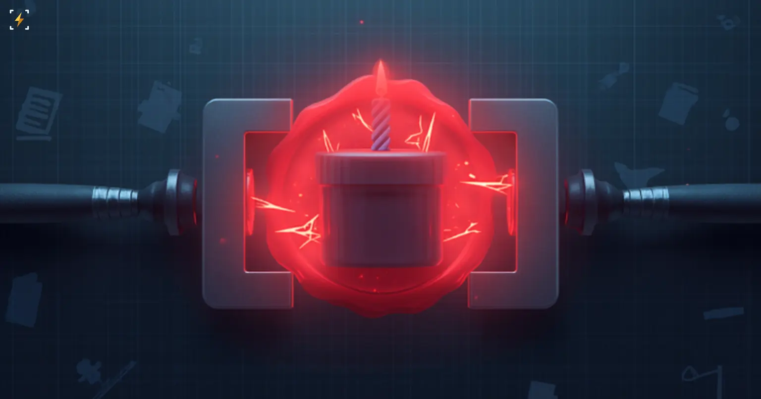 A glowing red birthday candle on a cake is squeezed by two metal clamps, cracking with warning light, against a background of faint document and gavel icons