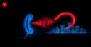 A glowing telephone handset sending a sound wave that morphs into a hook aimed at a corporate skyline silhouette — cover for the vishing attacks on Wall Street firms news