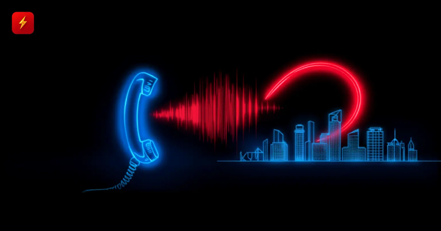 A glowing telephone handset sending a sound wave that morphs into a hook aimed at a corporate skyline silhouette — cover for the vishing attacks on Wall Street firms news