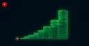 A row of glowing green coin stacks growing rapidly from a tiny starting point, symbolizing a percentage surge off a small base