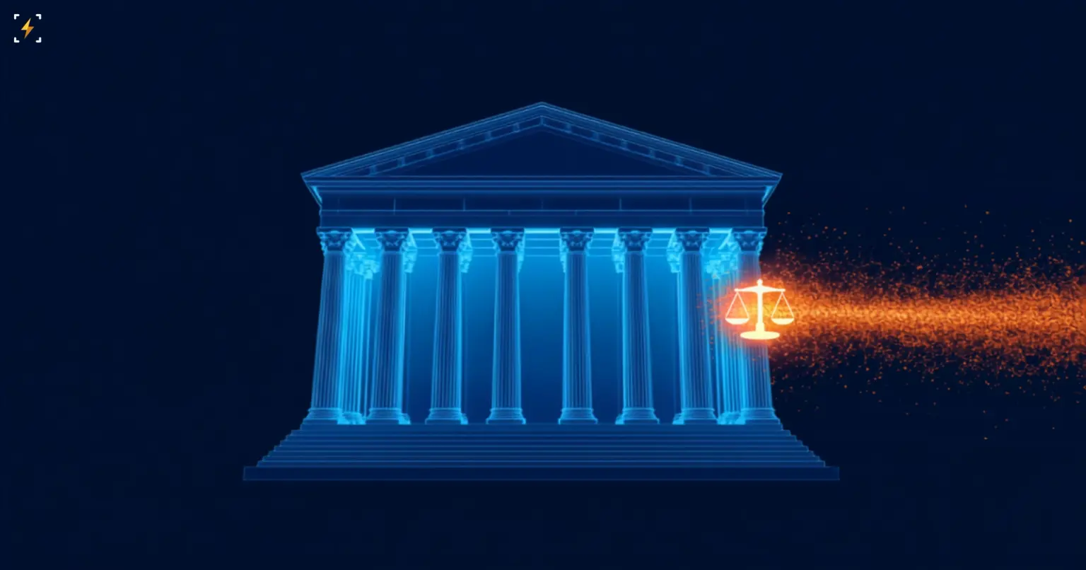 Flat vector illustration of a glowing blue government building facade with columns dissolving into a glowing amber scale of justice and a trailing stream of light particles, symbolizing the push in Washington to pass crypto market structure legislation