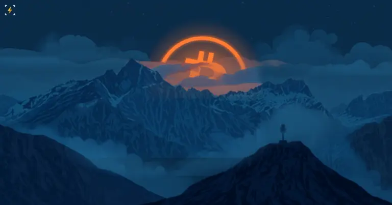 Bitcoin symbol glowing over misty Jackson Hole mountains, evoking the Fed's silence on rate signals