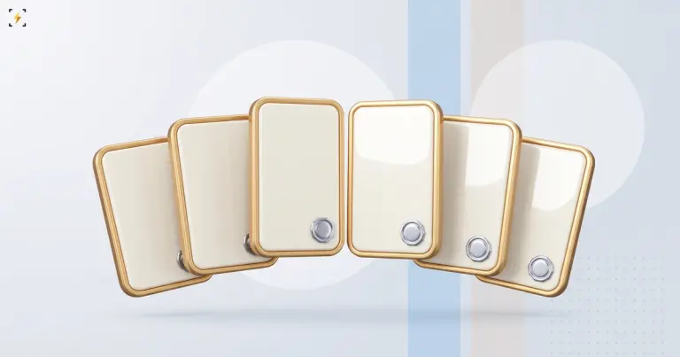 Six identical licence cards fanned out in a row, each with a chrome seal