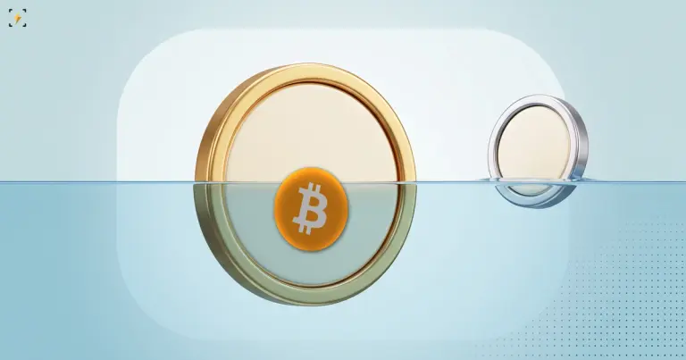 A large bitcoin coin sunk below a waterline beside a small coin floating above it, illustrating corporate treasuries under water while the largest holder is not