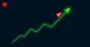 A glowing green jagged line chart rising sharply into an arrow, with a small red wedge shape near the peak, symbolizing strong revenue growth alongside a net loss