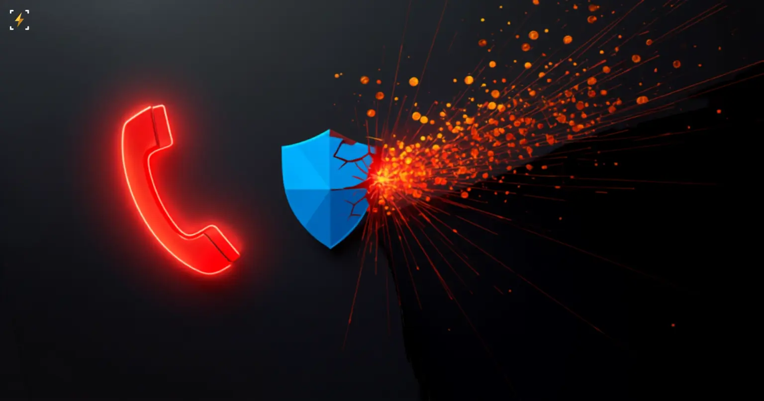 Flat vector illustration of a glowing red phone-call icon beside a cracking blue shield icon shattering into a stream of glowing amber coin-particles draining away into darkness, symbolizing money lost to a fraudulent phone scam