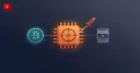 A microchip in a crosshair next to an oil barrel and a Bitcoin coin symbolizes chips as the new military target
