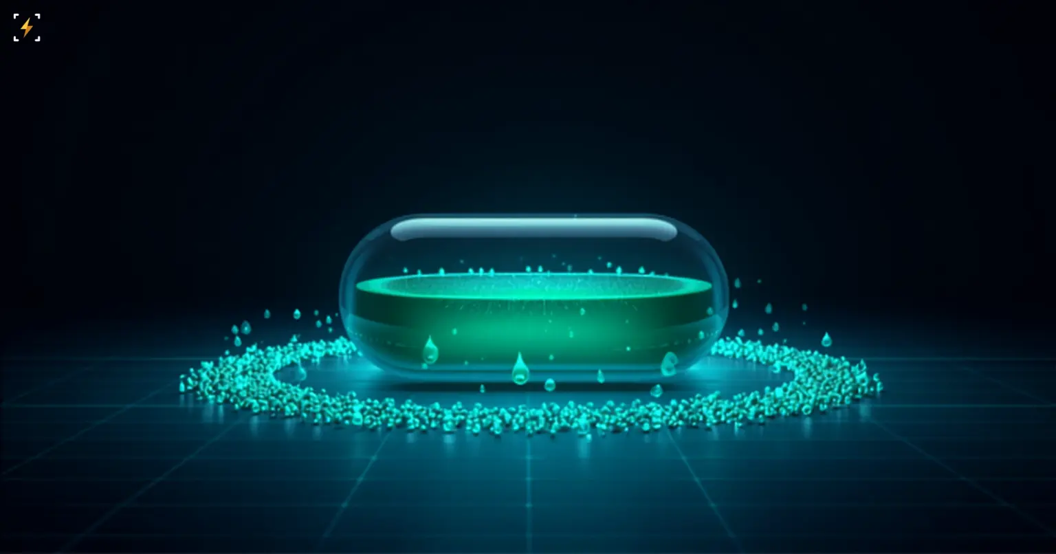 A glowing green liquid-filled glass capsule ringed by a scattered halo of small glowing particles, symbolizing a stablecoin supply level crossing a milestone threshold
