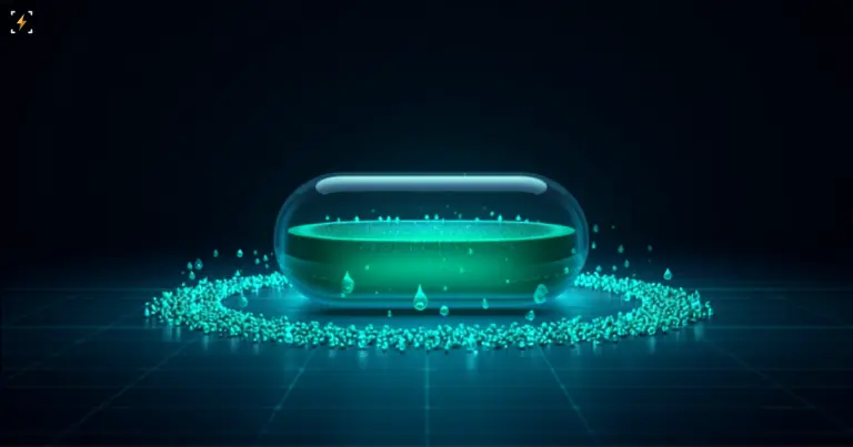 A glowing green liquid-filled glass capsule ringed by a scattered halo of small glowing particles, symbolizing a stablecoin supply level crossing a milestone threshold