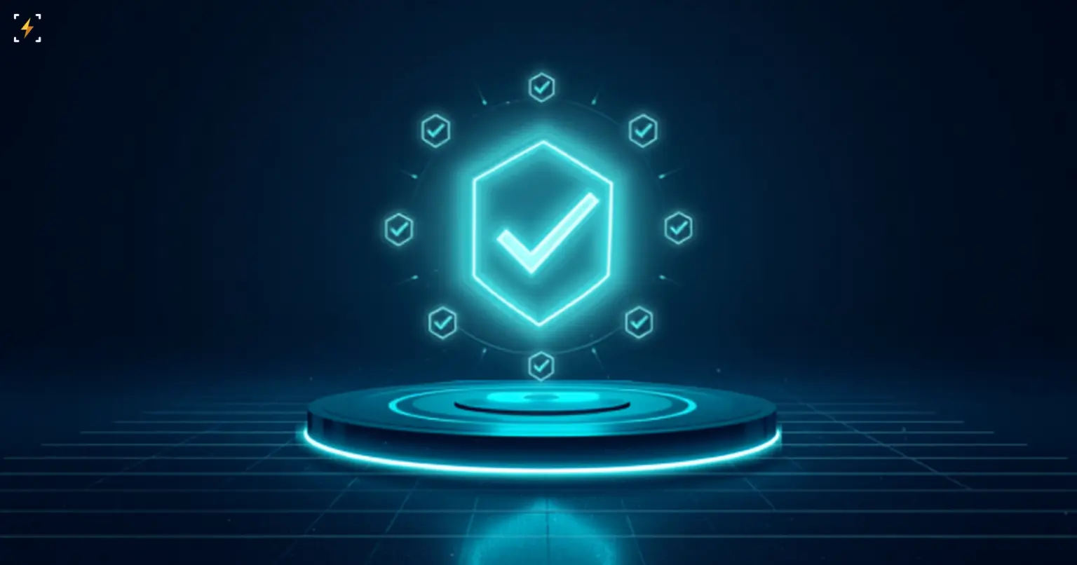 A glowing teal shield with a checkmark on a lit podium, surrounded by a ring of small verified badges, symbolizing a blockchain protocol amendment nearing consensus activation