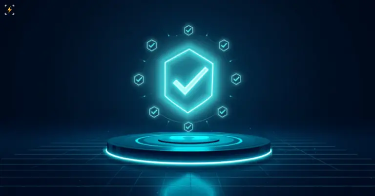 A glowing teal shield with a checkmark on a lit podium, surrounded by a ring of small verified badges, symbolizing a blockchain protocol amendment nearing consensus activation