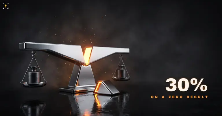 A level chrome balance with equal weights in both pans and a glowing amber wedge cut out of the middle of its beam