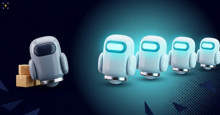 One unlit patrol robot parked beside cardboard boxes while a row of four glowing robots works alongside it, illustrating the gap between the two deployments