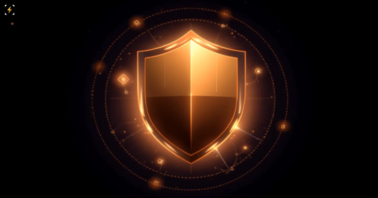 Glossy golden 3D shield glowing at the center of two orbit rings with small connected nodes, symbolizing platform safety standards