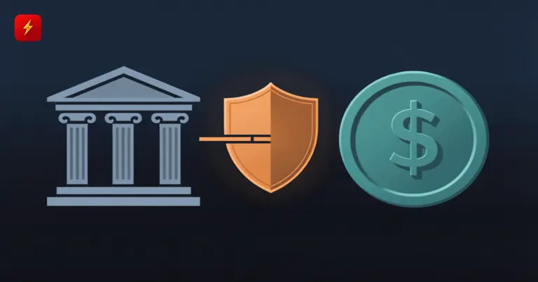 A bank building and a shield next to a stablecoin symbolize banks pushing back against stablecoin yield