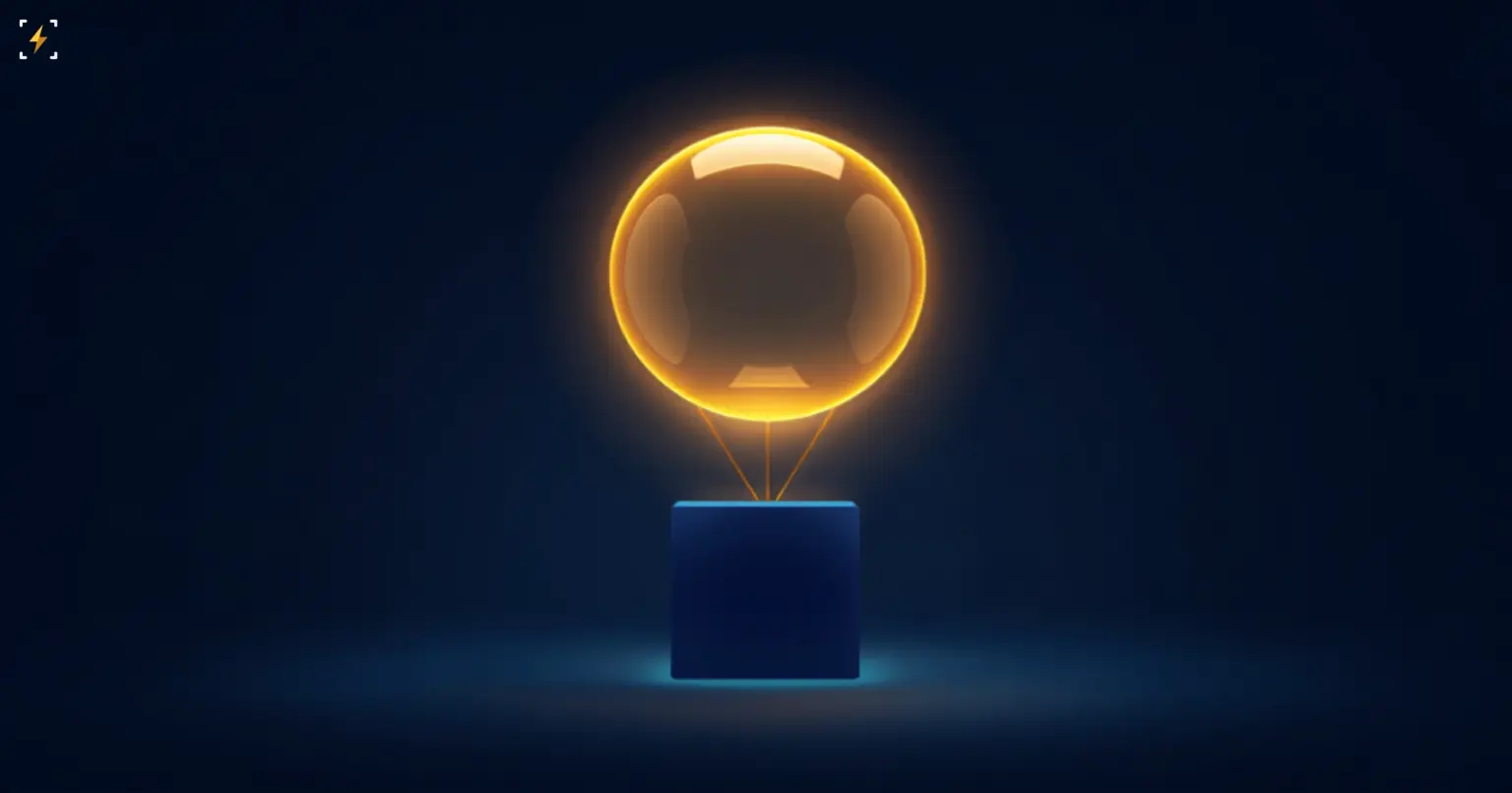 Flat vector illustration of a huge glowing golden outlined sphere floating above a small solid dark blue cube on a dark navy background, symbolizing an oversized theoretical market claim compared to a company's actual current size