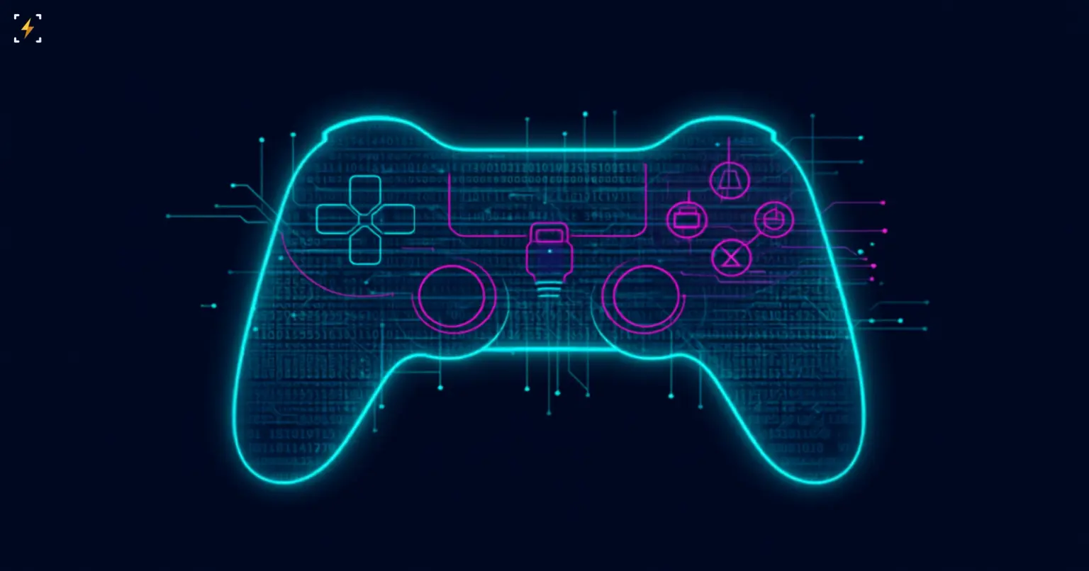 Плоская векторная иллюстрация светящегося контура игрового геймпада бирюзового цвета с едва заметной текстурой схем и кода внутри, пурпурными значками кнопок и расходящимися дорожками — символ найма кибер-специалистов разведкой на игровой выставке