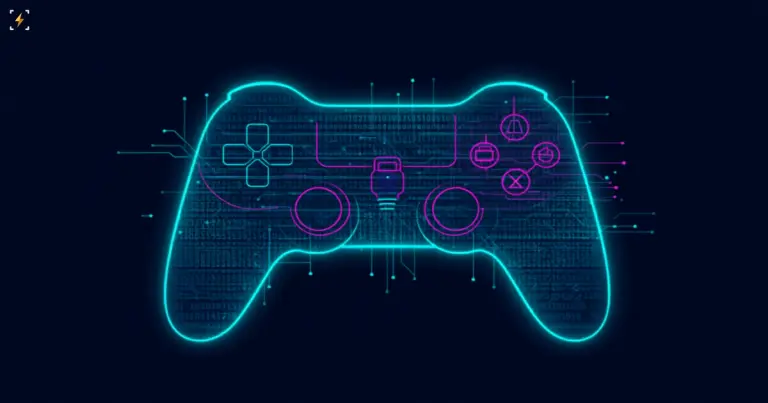 Плоская векторная иллюстрация светящегося контура игрового геймпада бирюзового цвета с едва заметной текстурой схем и кода внутри, пурпурными значками кнопок и расходящимися дорожками — символ найма кибер-специалистов разведкой на игровой выставке