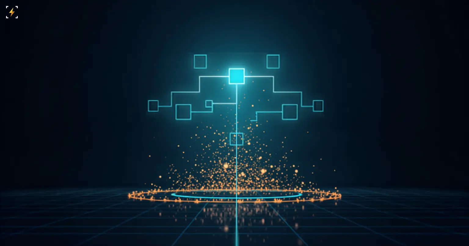 A glowing teal organizational chart with a bright central node, its lower branches dissolving into a stream of amber particles falling into a ring on the floor, symbolizing a corporate workforce restructuring