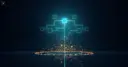 A glowing teal organizational chart with a bright central node, its lower branches dissolving into a stream of amber particles falling into a ring on the floor, symbolizing a corporate workforce restructuring