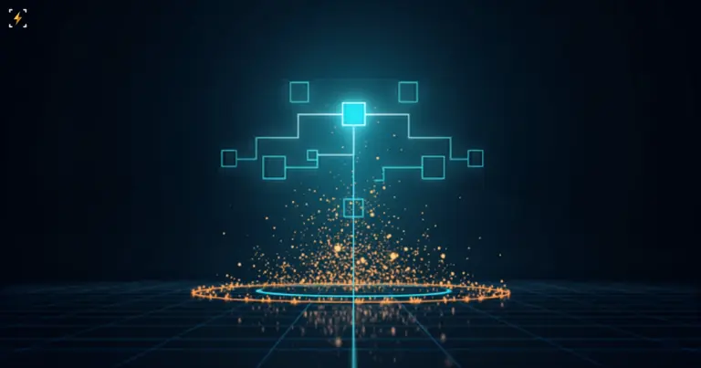 A glowing teal organizational chart with a bright central node, its lower branches dissolving into a stream of amber particles falling into a ring on the floor, symbolizing a corporate workforce restructuring