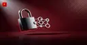 Glossy 3D padlock fused with a network node on a dark crimson background — symbolizing sanctions and evasion in crypto