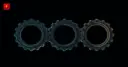 Flat vector illustration of three interlocking glowing gear rings in teal and gold, symbolizing cross-border coordination between MiCA, UK, and US crypto regulatory frameworks