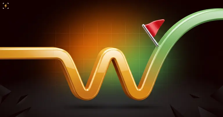 W-shaped gold ribbon sweeping up in green with a small red flag planted below where it leads