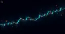 Плоская векторная иллюстрация светящегося биржевого графика из свечей бирюзового и янтарного цветов с полупрозрачным цифровым аналитическим слоем, линиями сканирования и отмеченными ключевыми уровнями — символ ИИ-ассистента, читающего и анализирующего торговый график