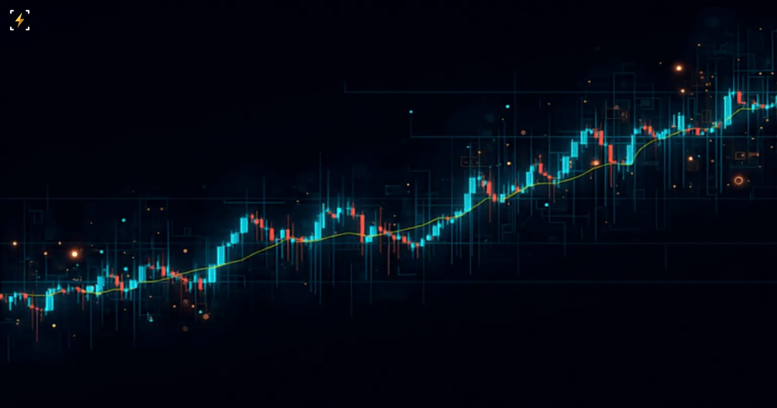Плоская векторная иллюстрация светящегося биржевого графика из свечей бирюзового и янтарного цветов с полупрозрачным цифровым аналитическим слоем, линиями сканирования и отмеченными ключевыми уровнями — символ ИИ-ассистента, читающего и анализирующего торговый график