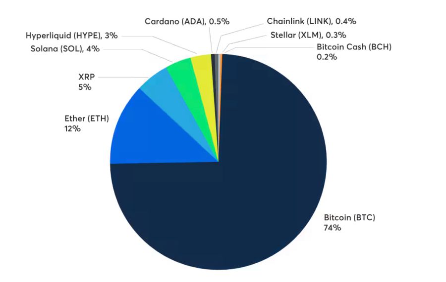 Круговая диаграмма весов индекса Nasdaq CME: биткоин 74%, эфир 12%, XRP 5%, Solana 4%, Hyperliquid 3% и ещё четыре актива меньше процента каждый