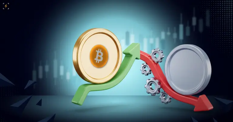 A gold bitcoin coin riding a short green arrow upward beside a silver disc dragged down a long red arrow worn by grinding gears, illustrating the fund falling while the asset rises