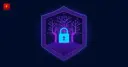 A glowing violet geometric shield containing a branching tree pattern and a cyan padlock at its center, symbolizing privacy and cryptographic protection in a blockchain protocol roadmap