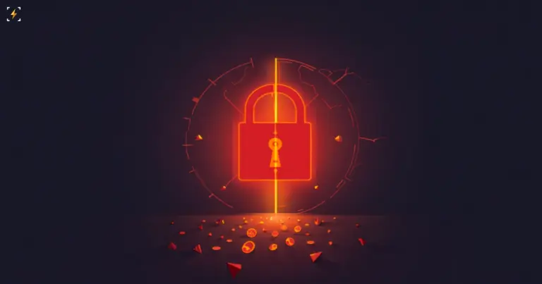 Flat vector illustration of a glowing red padlock icon with a bright amber beam of light splitting it down the middle and small coin fragments scattered on the ground below, symbolizing a crypto exchange cracking open after announcing a shutdown