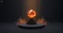 Flat vector illustration of a glowing amber gemstone balanced on a dark pyramid pedestal with radiating light spikes on both sides against a dark background, symbolizing a high-stakes legislative gamble