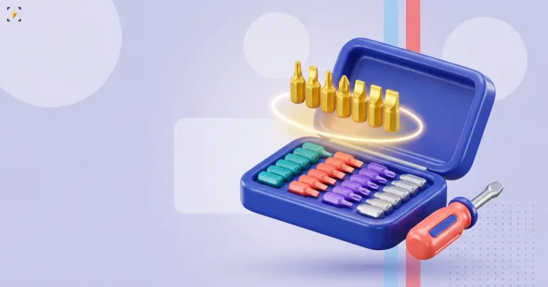 An open tool case sorted by type, one row of AI tool bits lifted out of it