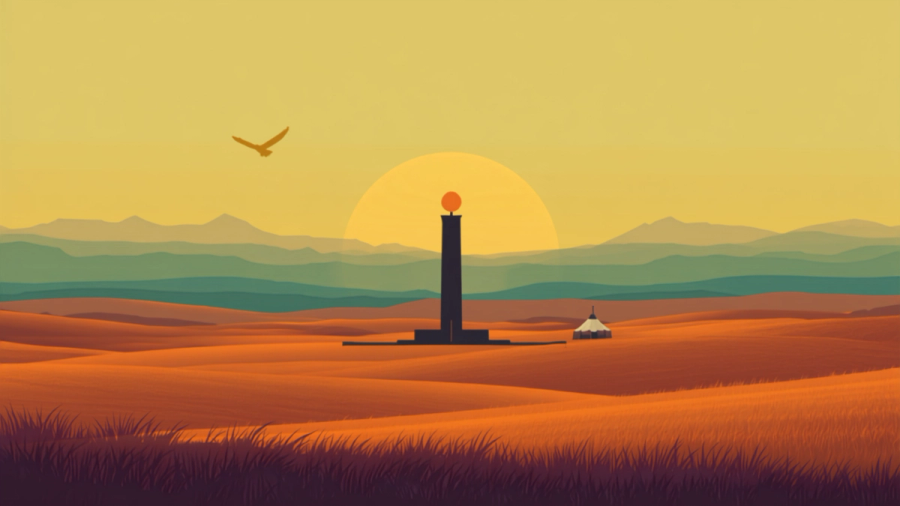 Illustration of the Baiterek Tower on the open Kazakh steppe at sunset, with a traditional yurt and the Tian Shan mountains in the distance