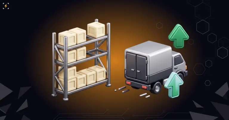 A warehouse rack with half its slots empty beside a fully loaded truck pulling away, with green arrows pointing up