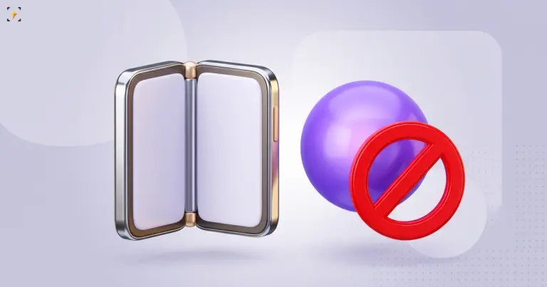 Half-open glossy folding phone beside a violet sphere crossed by a red prohibition ring