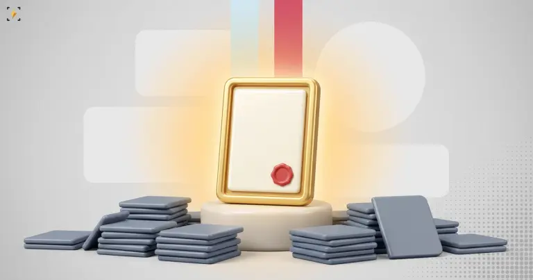 One gold-framed licence certificate with a red wax seal lit on a plinth, surrounded by low piles of grey unopened document folders