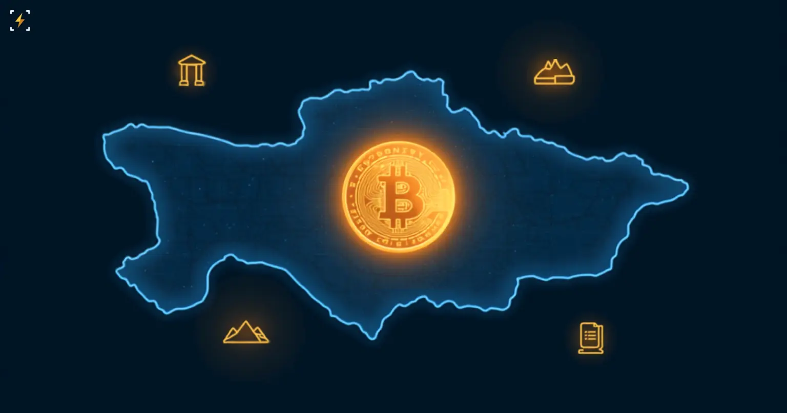 A glowing Bitcoin coin inside the outline of Kazakhstan, surrounded by icons for courts, mountains, and licensing documents