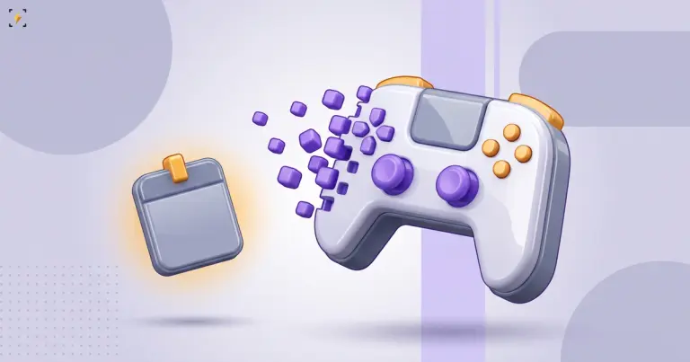 Game controller dissolving into cubes beside a blank calendar card