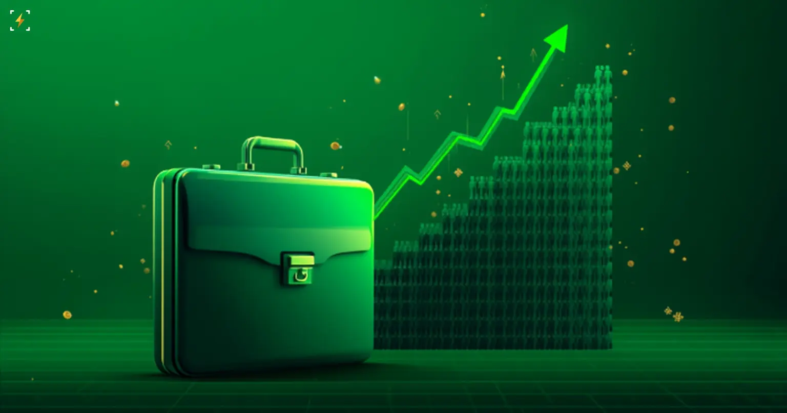 A glossy green briefcase beside a rising arrow made of stacked human silhouettes forming a bar chart of jobs growth