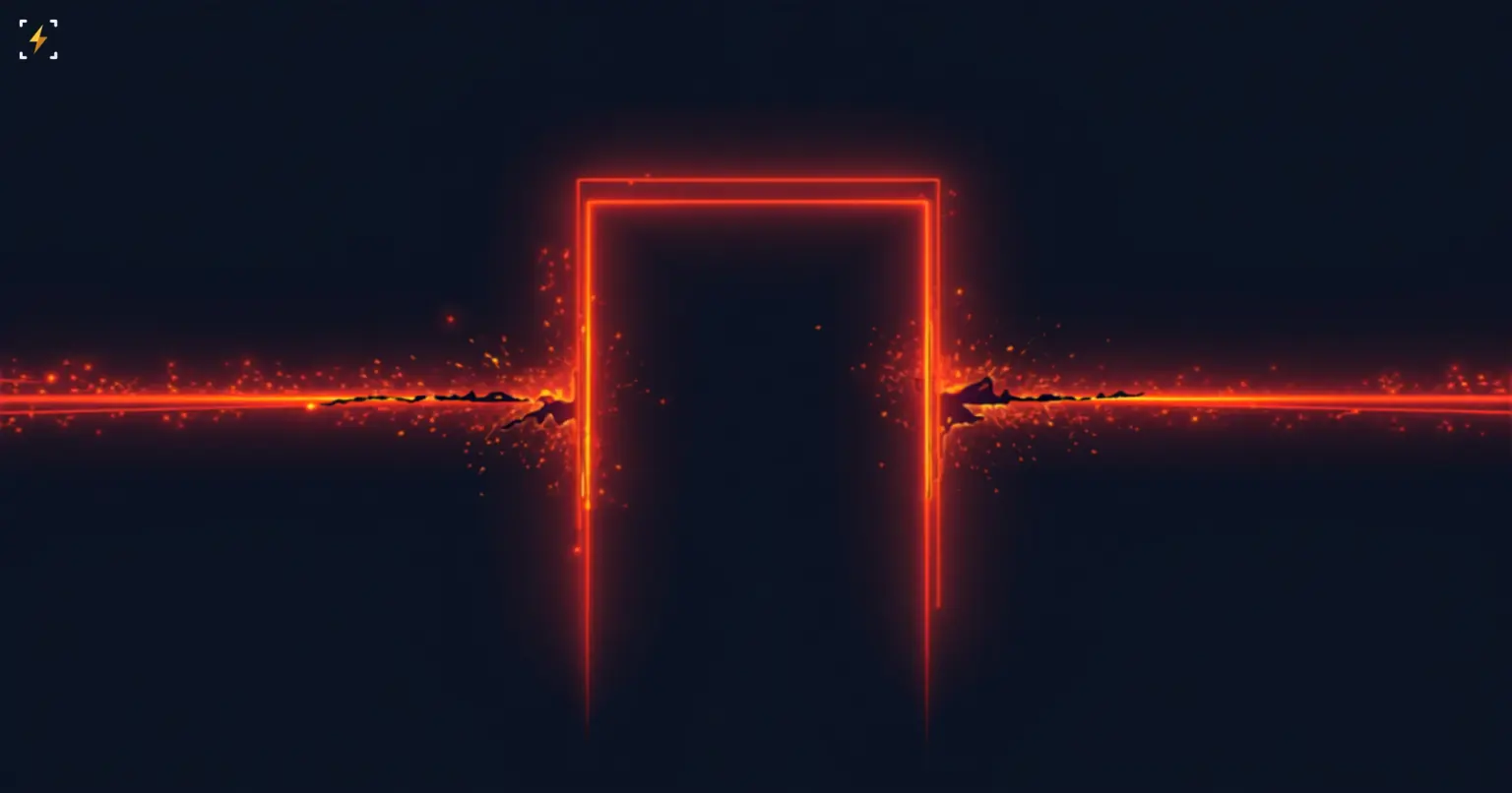 Flat vector illustration of a glowing red doorway-shaped threshold with a horizontal energy line cracking through both sides of the frame, on a dark navy background, symbolizing a safety threshold already breached