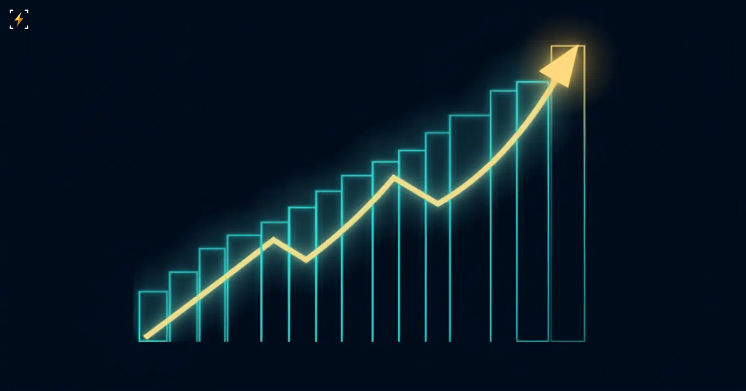 Flat vector illustration of a glowing golden ascending line with a small dip and recovery, rising above a staircase of glowing teal bars, ending in an upward arrow, on a dark navy background, symbolizing a volatile altcoin rally with a pullback along the way