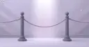 Two matte slate stanchions with a rope hooked between them under pale lilac light, illustrating a closed queue for model access