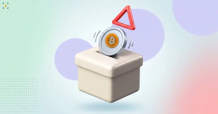A bitcoin coin teetering on the slot of a ballot box with a red warning triangle above it