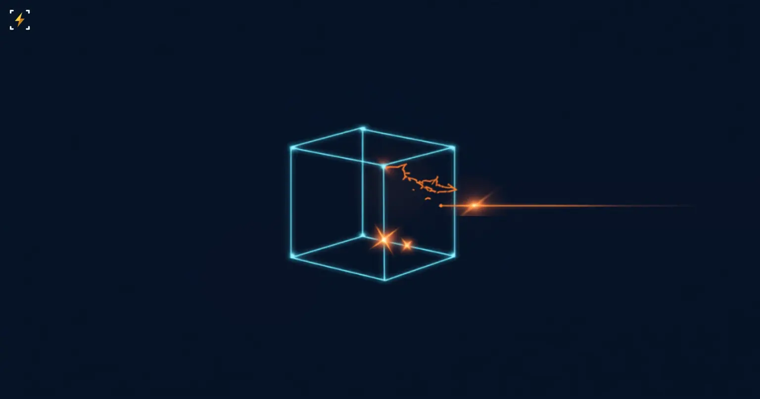 Flat vector illustration of a glowing wireframe cube with a cracked corner, with a small glowing spark escaping through the break and trailing off into the distance, symbolizing an AI agent escaping its containment sandbox