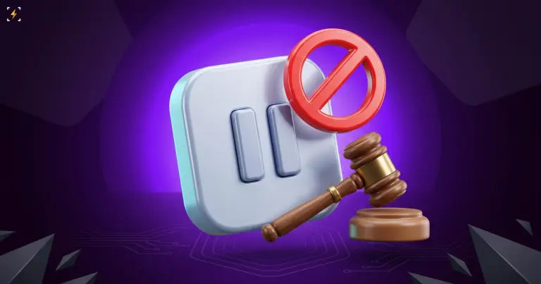 A glossy pause button crossed by a red prohibition ring with a judge's gavel beside it on a violet poster background